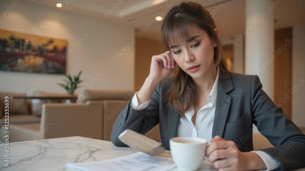 Thoughtful woman in business attire reading phone at cafe Thoughtful woman in business attire reading phone at cafe