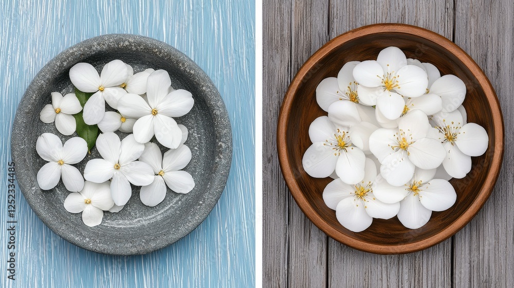 Serene white blossoms arranged in rustic bowls on contrasting wood textures, creating a tranquil and elegant scene. Serene white blossoms arranged in rustic bowls on contrasting wood textures, creating a tranquil and elegant scene.