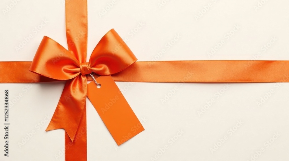 A vibrant orange satin ribbon tied in a classic bow, adorned with a blank tag, elegantly presented on a pristine white background, perfect for celebratory announcements or special occasion greetings. A vibrant orange satin ribbon tied in a classic bow, adorned with a blank tag, elegantly presented on a pristine white background, perfect for celebratory announcements or special occasion greetings.