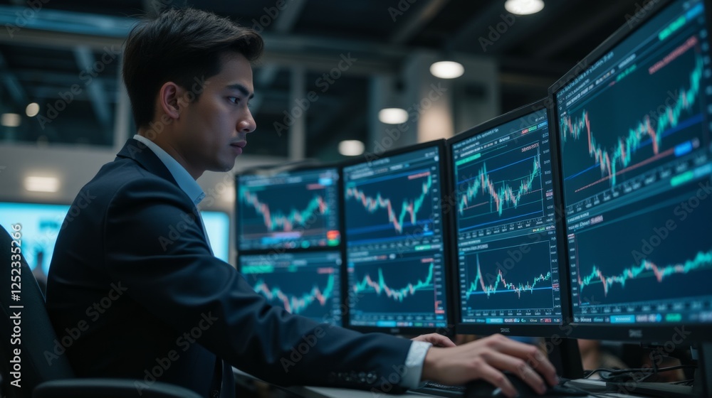 Professional Trader Analyzing Stock Market Data on Multiple Screens Professional Trader Analyzing Stock Market Data on Multiple Screens