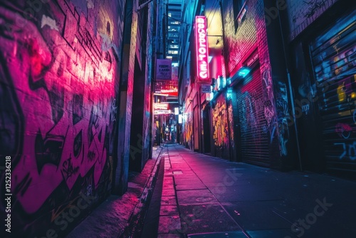 Neon-lit alleyway, graffiti art, city night, urban exploration, background buildings