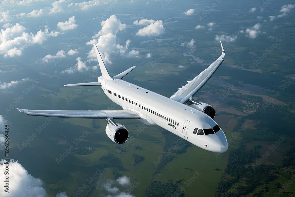 Airplane in Flight Over Scenic Landscape and Clouds Airplane in Flight Over Scenic Landscape and Clouds