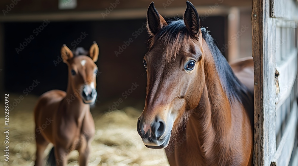 Obraz premium A captivating close-up of two horses in a barn, showcasing their unique features and gentle demeanor. The warm atmosphere evokes a sense of tranquility and connection with nature.
