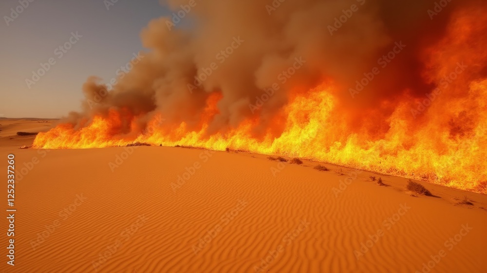 Fire Spreading Across Desert Landscape at Dusk with Smoke Billowing Fire Spreading Across Desert Landscape at Dusk with Smoke Billowing