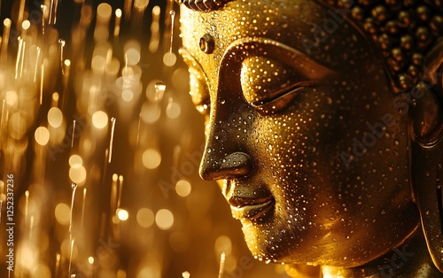 A close-up of a golden Buddha statue with water droplets glistening on its surface, symbolizing peace and tranquility in a serene environment, evoking a sense of calm and reflectio photo