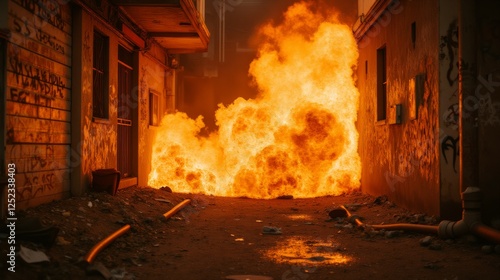 Intense Fire Erupts in Urban Alleyway Surrounded by Graffiti Walls photo