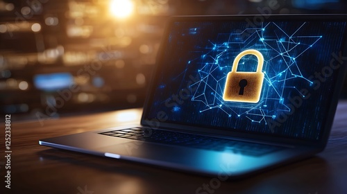 Wallpaper Mural Futuristic cybersecurity concept with glowing padlock icon on laptop screen, digital network connections, and data protection in a high-tech blue-toned background

 Torontodigital.ca