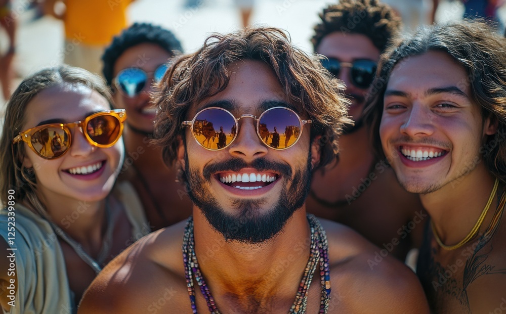 A group of people are smiling and posing for a picture on a beach A group of people are smiling and posing for a picture on a beach