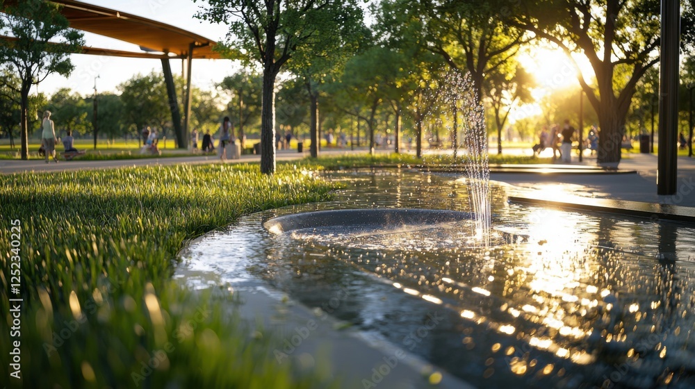 Families and Friends Gathering in a Sunlit Park with Water Features Families and Friends Gathering in a Sunlit Park with Water Features