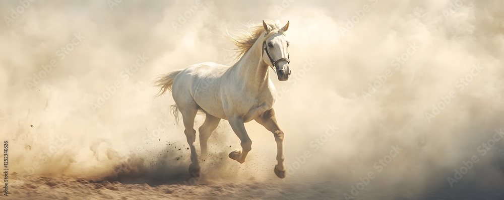 Obraz premium A majestic white horse gallops through a cloud of dust, embodying freedom and grace in a stunning natural setting. The image evokes a sense of beauty and wild spirit.