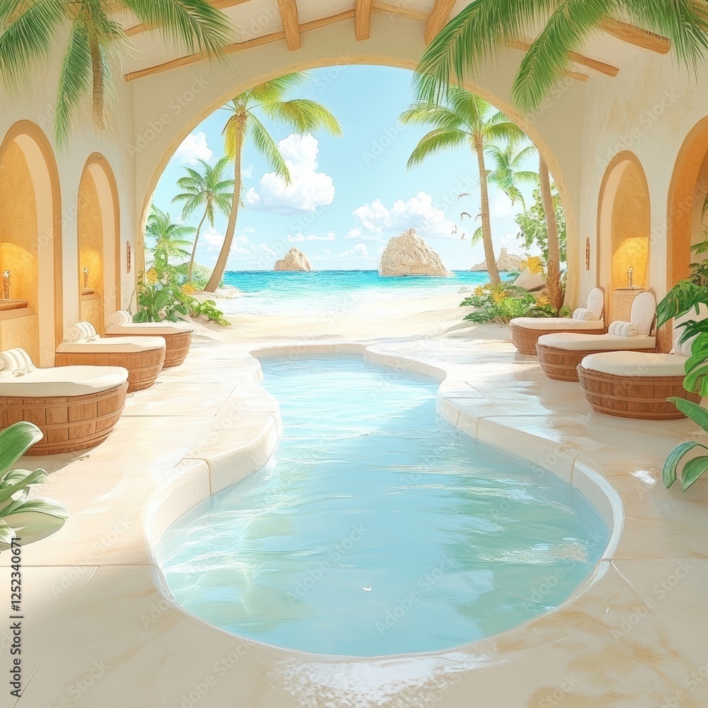 Obraz premium Pool with a view of the ocean and palm trees