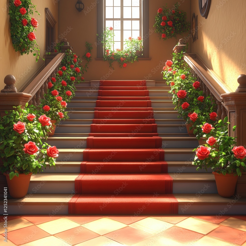 Fototapeta premium Staircase with red carpet and potted plants on each step