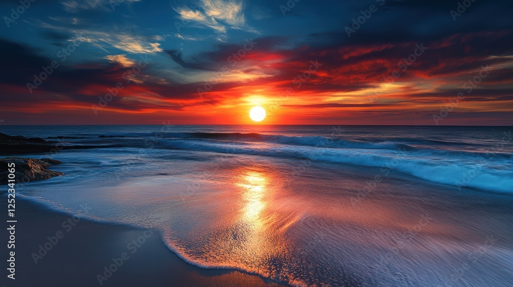Fototapeta premium Vibrant sunrise over ocean beach, waves gently lapping shore, peaceful sky