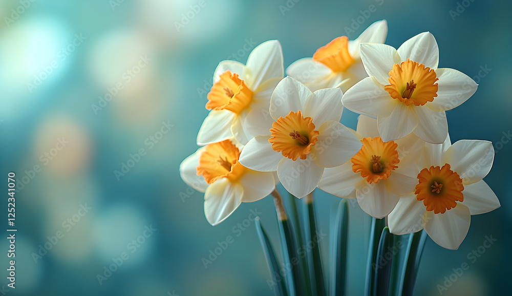 Beautiful Bunch of White and Yellow Daffodil Flowers with Soft Blue Bokeh Background Beautiful Bunch of White and Yellow Daffodil Flowers with Soft Blue Bokeh Background