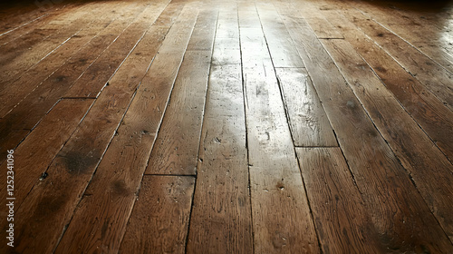 Sunlight on antique wooden floorboards in a room