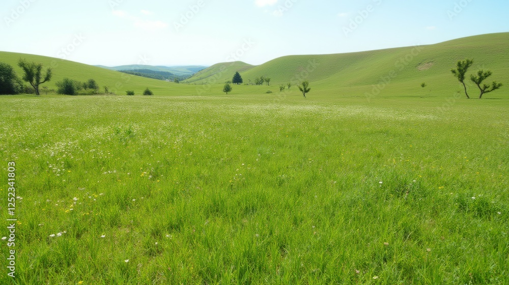 Expansive Green Meadow Under Clear Blue Sky in Rolling Landscape Expansive Green Meadow Under Clear Blue Sky in Rolling Landscape