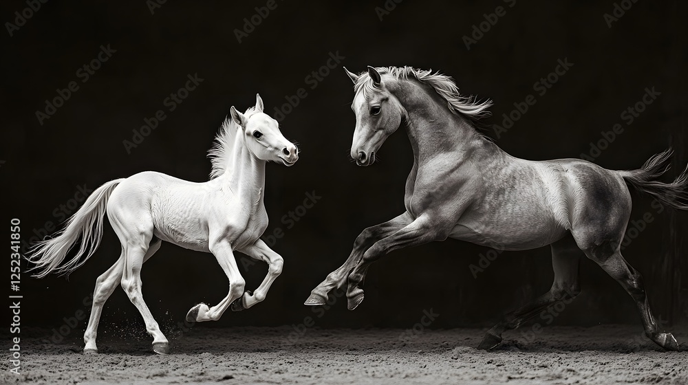 Fototapeta premium A stunning black and white photograph of two horses in motion, capturing their grace and elegance