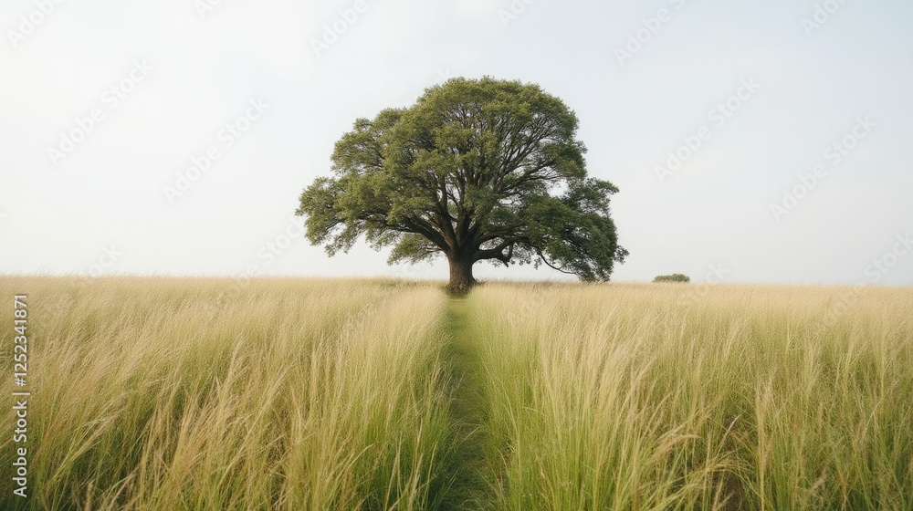 Majestic Single Tree Standing Tall in Open Grass Field Landscape Majestic Single Tree Standing Tall in Open Grass Field Landscape