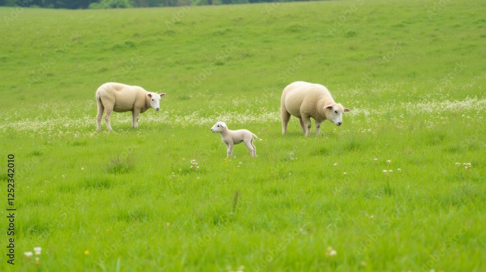 Adorable Sheep Family Grazing in Lush Green Meadow Landscape Adorable Sheep Family Grazing in Lush Green Meadow Landscape