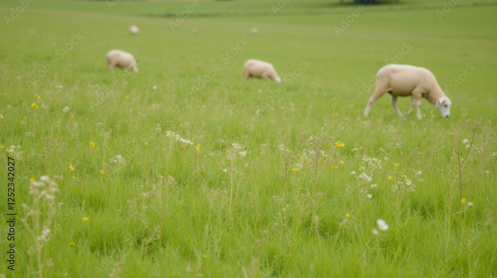 Peaceful Pasture with Grazing Sheep in a Lush Green Field