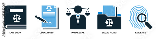 set of law and justice icon vector, featuring scales of justice, a gavel, courthouse for law firms, judiciary, legal services, and regulations