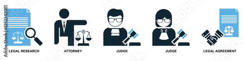 set of law and justice icon vector, featuring scales of justice, a gavel, courthouse for law firms, judiciary, legal services, and regulations
