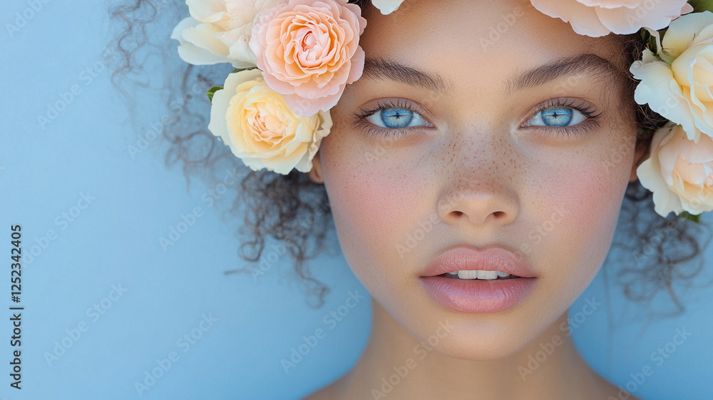 Inspiration for spring! We present you the perfect image for your advertisement. The natural beauty of a young woman, emphasized by a delicate wreath of pastel flowers. Inspiration for spring! We present you the perfect image for your advertisement. The natural beauty of a young woman, emphasized by a delicate wreath of pastel flowers.