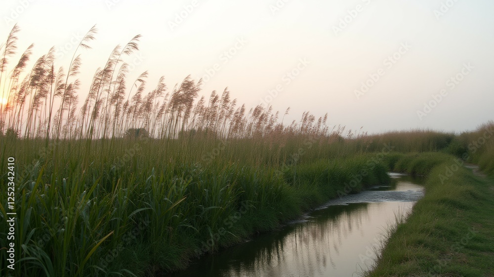 Tranquil Sunset Over Reeds and Calm Water in Natural Landscape Tranquil Sunset Over Reeds and Calm Water in Natural Landscape
