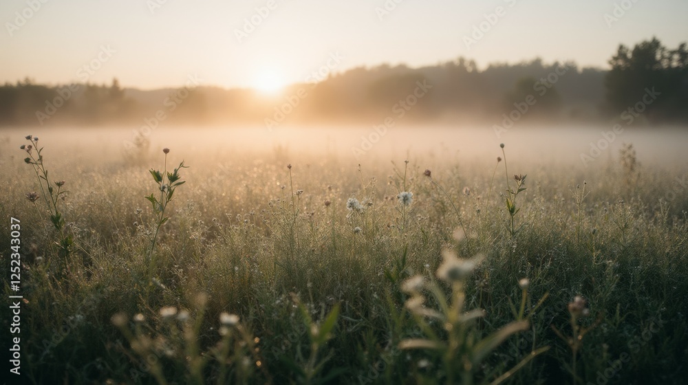 Misty Sunrise Over Serene Meadow with Delicate Wildflowers