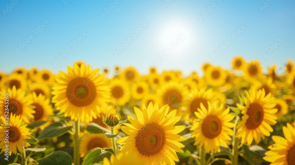 Obraz premium Bright Sunflower Field Under a Clear Blue Sky in Warm Sunshine