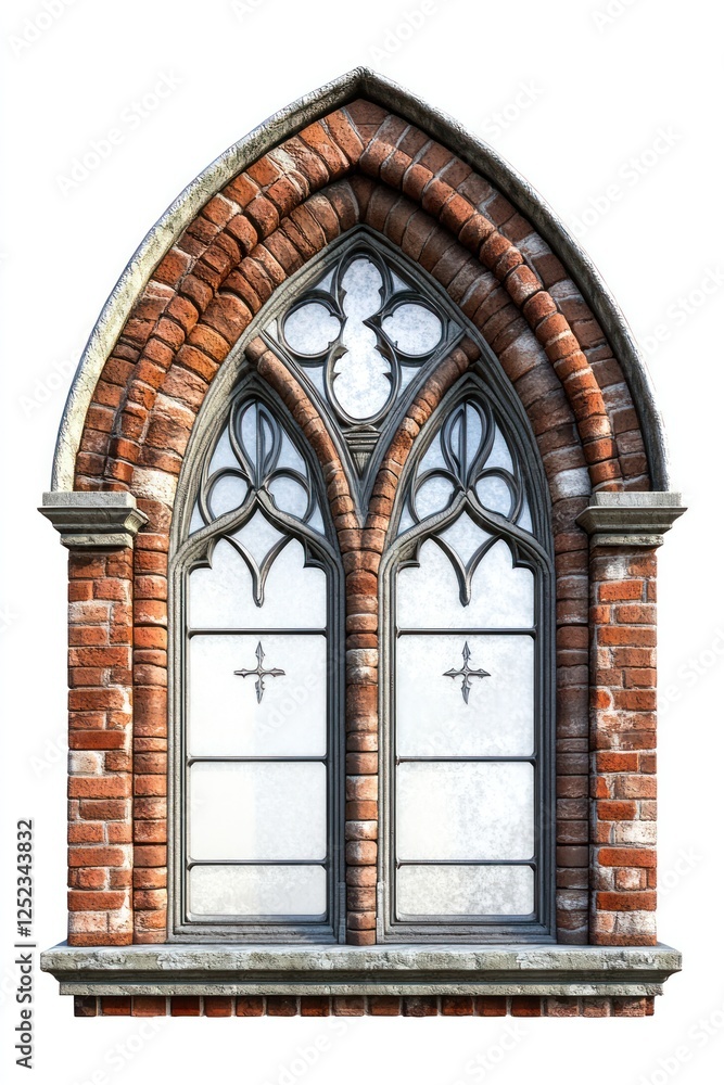 Fototapeta premium Gothic brick window, arched design, white background, architectural detail, design element