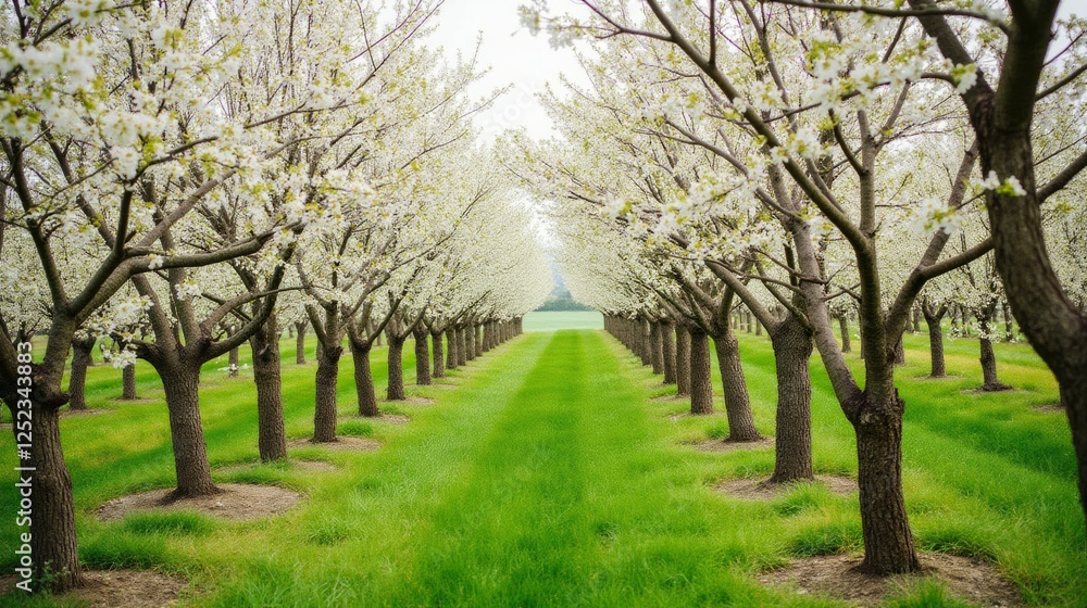 Scenic Pathway Through Blooming White Flowering Trees in Spring Scenic Pathway Through Blooming White Flowering Trees in Spring