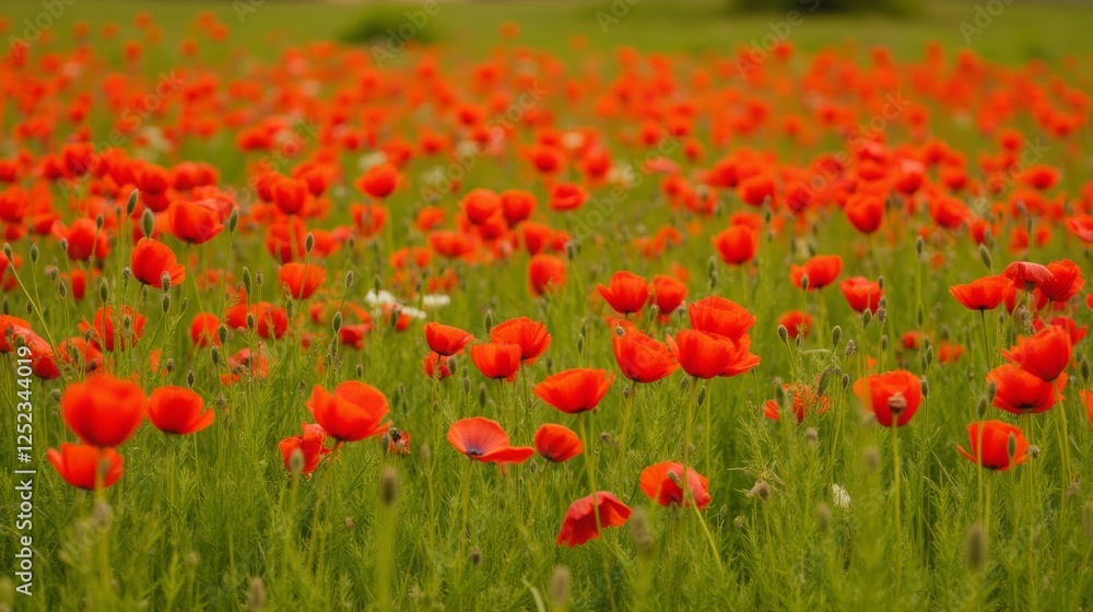 Lush Field of Vibrant Red Poppies Blossoming Under Clear Sky Lush Field of Vibrant Red Poppies Blossoming Under Clear Sky