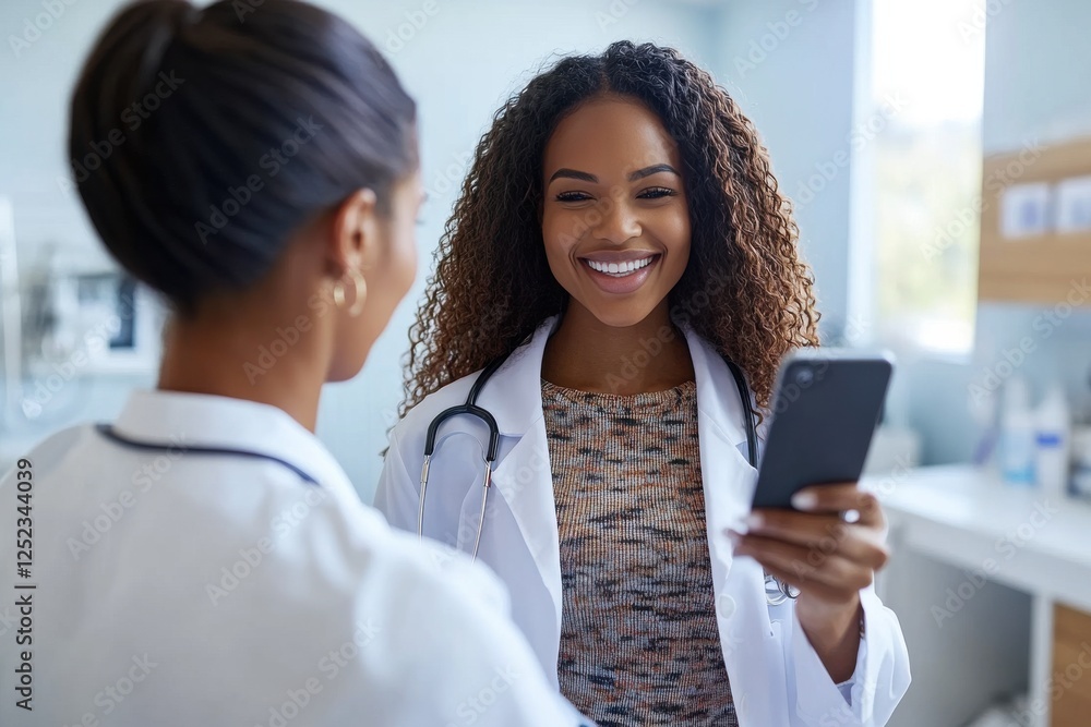Obraz premium Two women in white lab coats are smiling at each other while one of them holds a