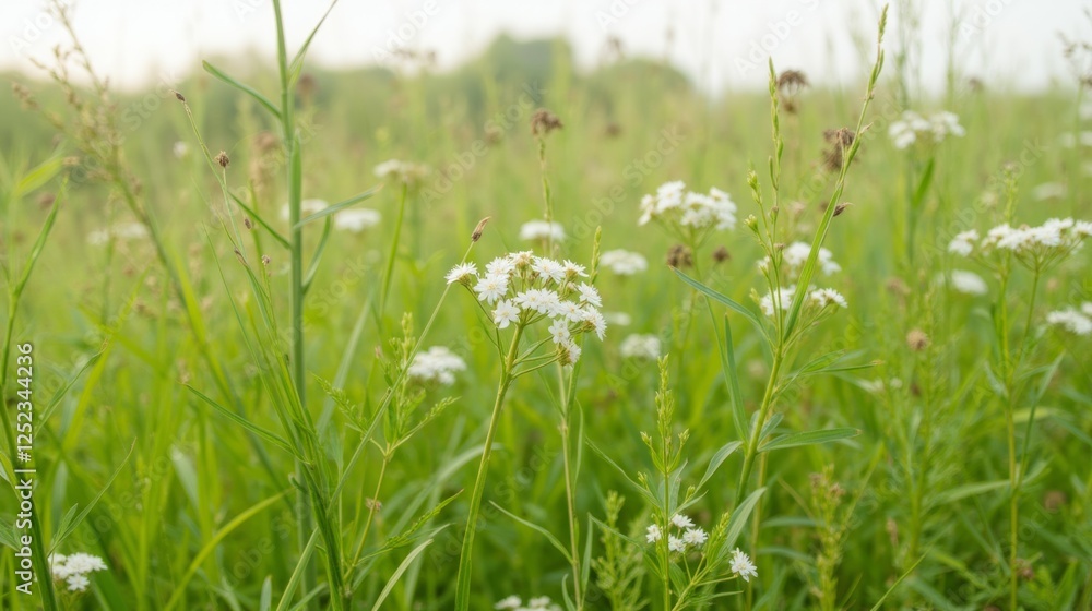 Serene Wildflower Meadow with Delicate White Blossoms in Green Grass Serene Wildflower Meadow with Delicate White Blossoms in Green Grass