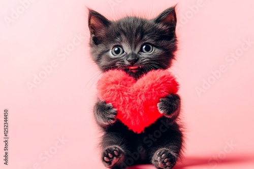 Donskoy - my beloved cat. Cute donskoy feline infant with fluffy red heart - emblem of love, funny greeting card. Digital ads creative. Animal love. Red valentine's day furry photo. Cute pet. photo