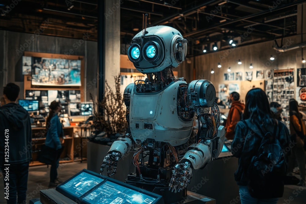 Fototapeta premium Humanoid robot interacting with people in a tech exhibition