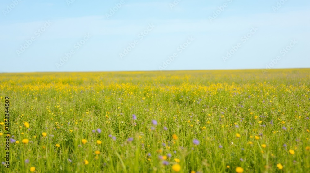 Vibrant Meadow with Colorful Wildflowers Under Clear Blue Sky Vibrant Meadow with Colorful Wildflowers Under Clear Blue Sky