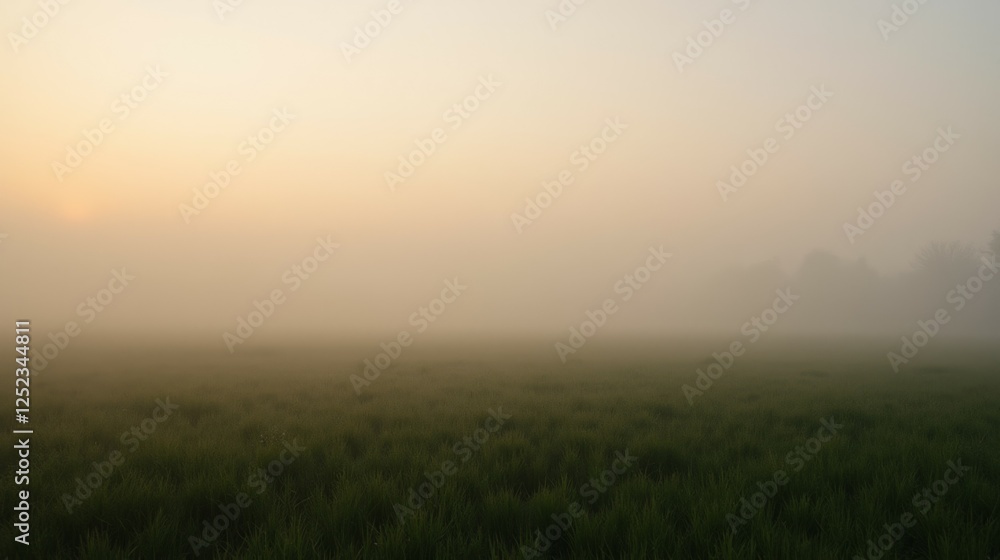Misty Morning Landscape with Soft Light and Green Grass Field Misty Morning Landscape with Soft Light and Green Grass Field