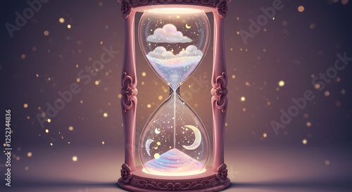 Hourglass with Clouds, Moons, and Stars Dreamy Time Passing Concept