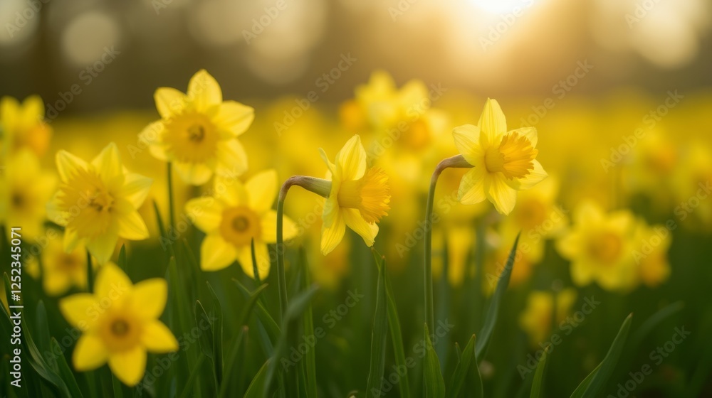 Bright Yellow Daffodils Blooming in a Sunlit Field at Sunset Bright Yellow Daffodils Blooming in a Sunlit Field at Sunset