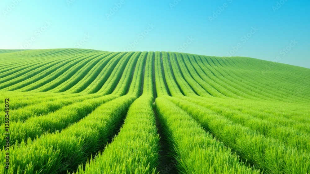 Lush Green Field with Vibrant Rows Under Clear Blue Sky Lush Green Field with Vibrant Rows Under Clear Blue Sky