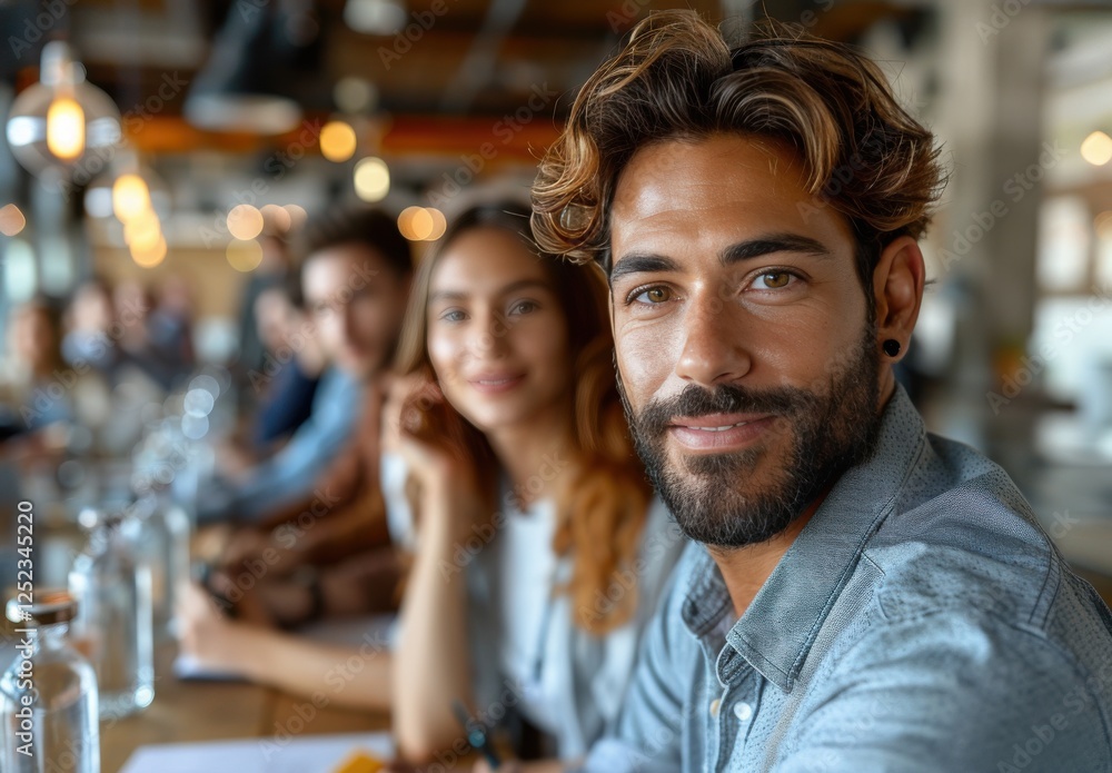 Fototapeta premium A group of people are smiling and laughing together at a table