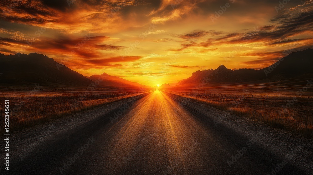 Fototapeta premium Sunset road journey, mountain landscape, fiery sky