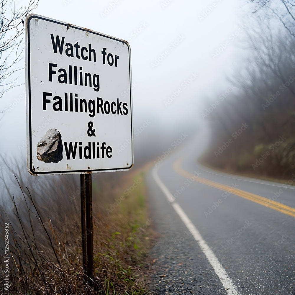 Warning sign for falling rocks and wildlife on a foggy mountain road travel environment scenic viewpoint Warning sign for falling rocks and wildlife on a foggy mountain road travel environment scenic viewpoint