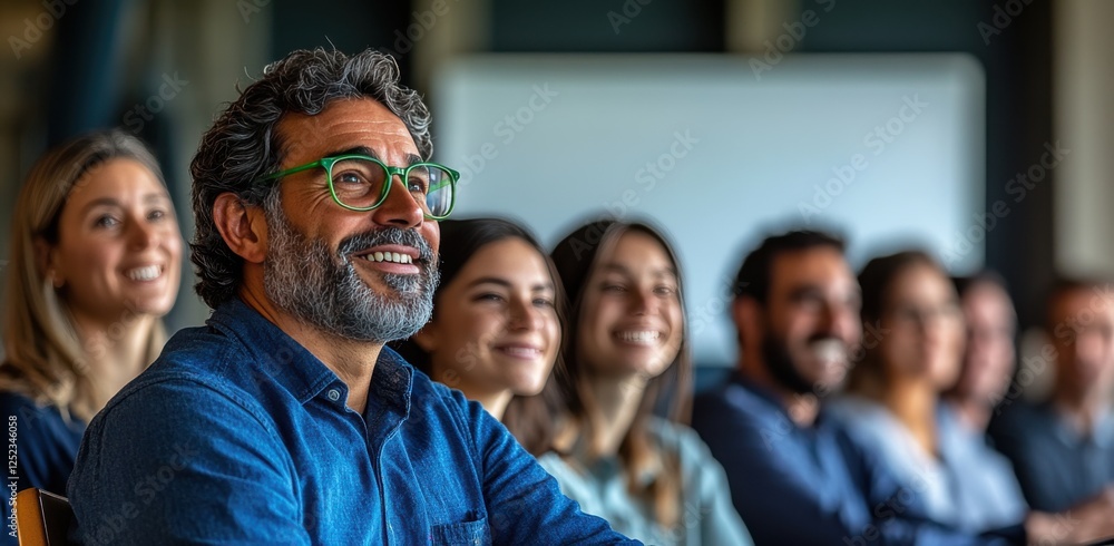 Obraz premium A man with glasses is smiling at a group of people