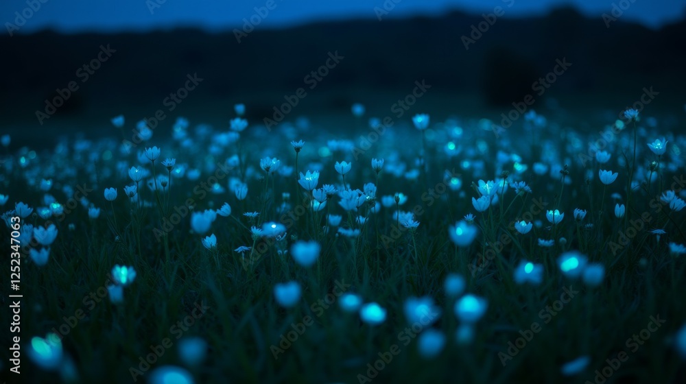 Fototapeta premium Ethereal Field of Glowing White Flowers Under a Starry Night Sky