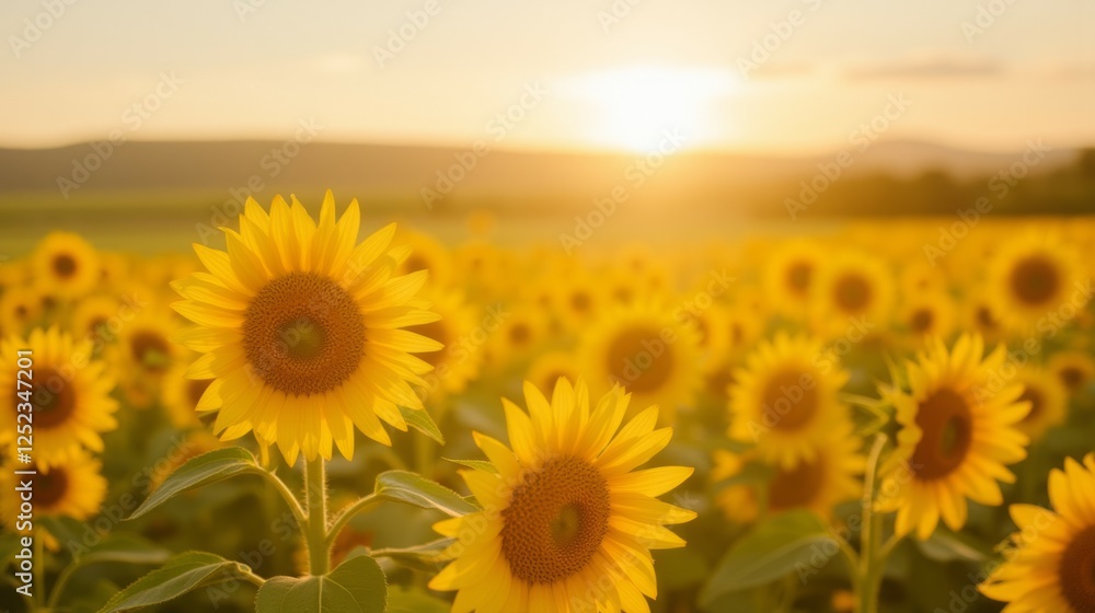 Fototapeta premium Bright Sunflowers in a Field Under Warm Sunset Light