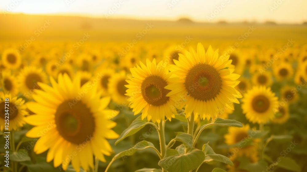 Obraz premium Bright Sunflower Field Under Warm Sunrise Glow in Rural Landscape
