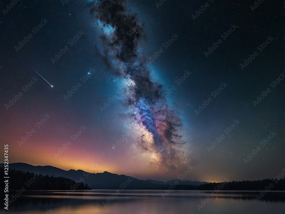 Stunning Night Sky Over Calm Waters, A breathtaking view of the Milky Way reflecting on serene water, perfect for nature lovers and photographers. Stunning Night Sky Over Calm Waters, A breathtaking view of the Milky Way reflecting on serene water, perfect for nature lovers and photographers.